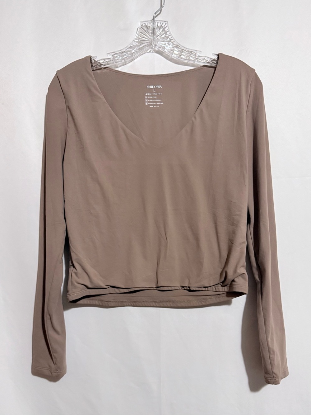 REORIA Women’s L Brown Solid V-Neck Long Sleeve Pullover Top Crop Hem